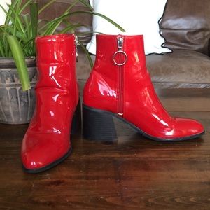 Forever21 Red & Silver Zip Pointed Toe Ankle Boot